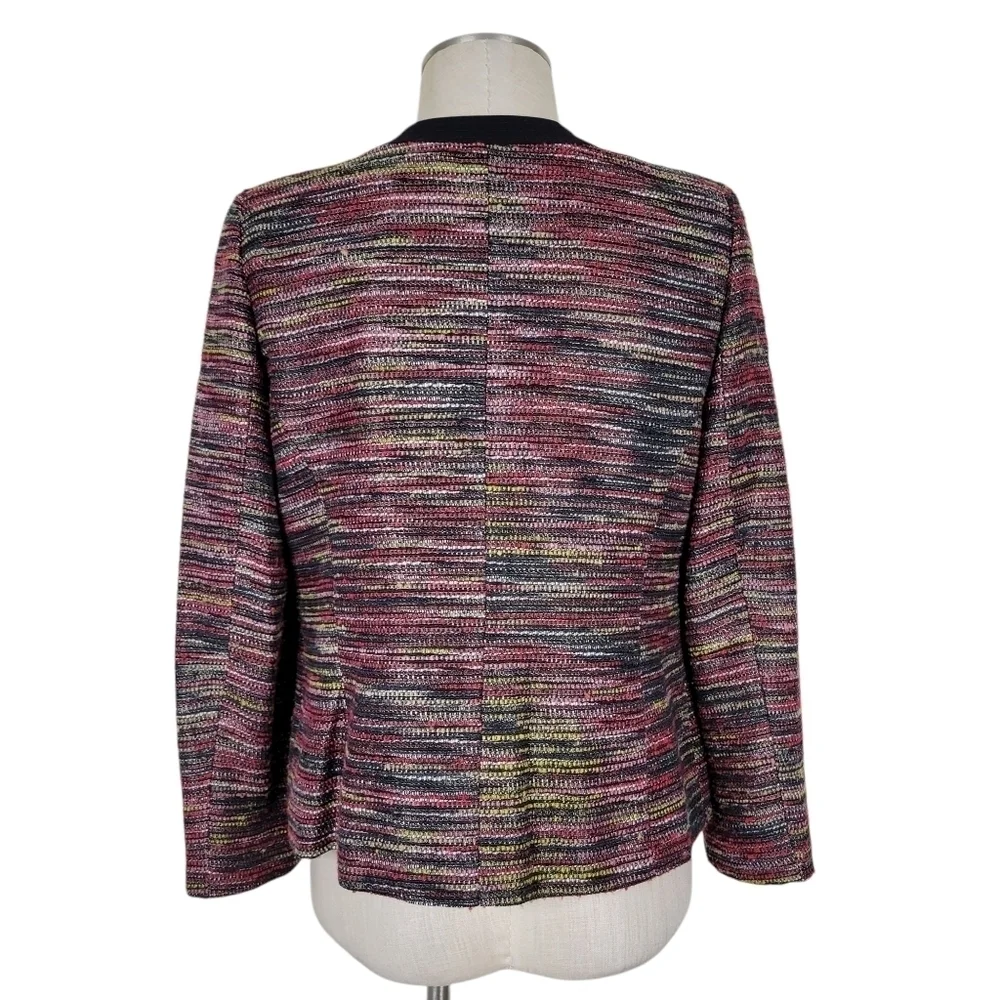 Kasper ASL Blazer Size 10P Multi Color Black Trim Textured Open Front Pockets